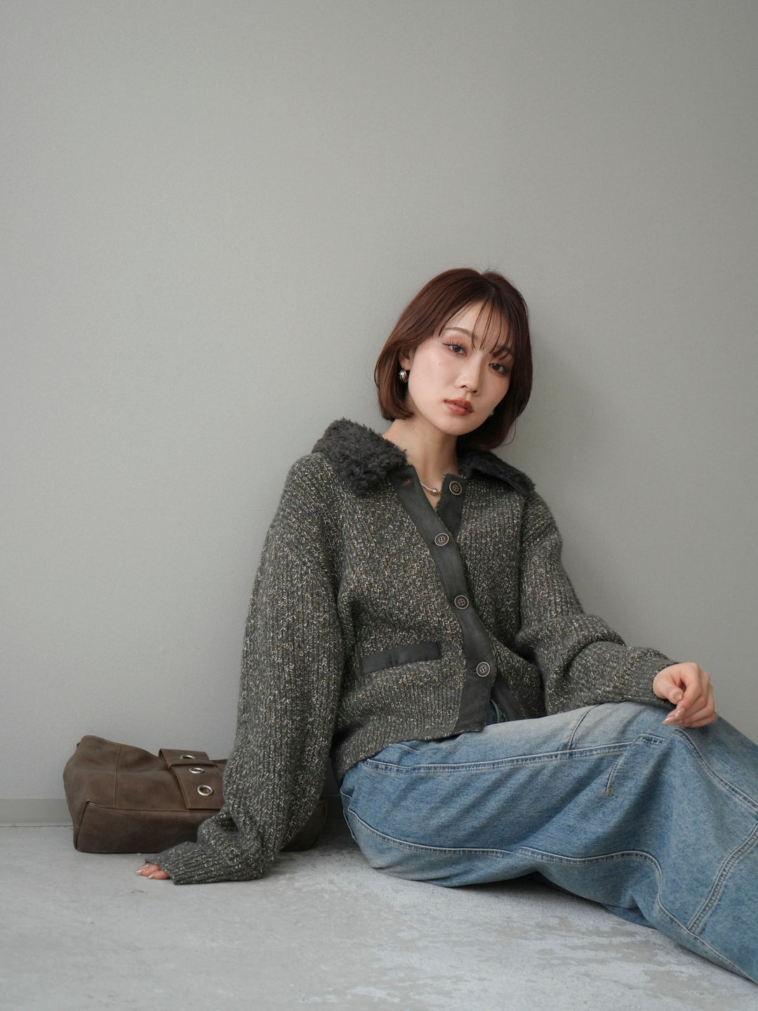 [予約]襟ボアミックスヤーンニットカーディガン/gray