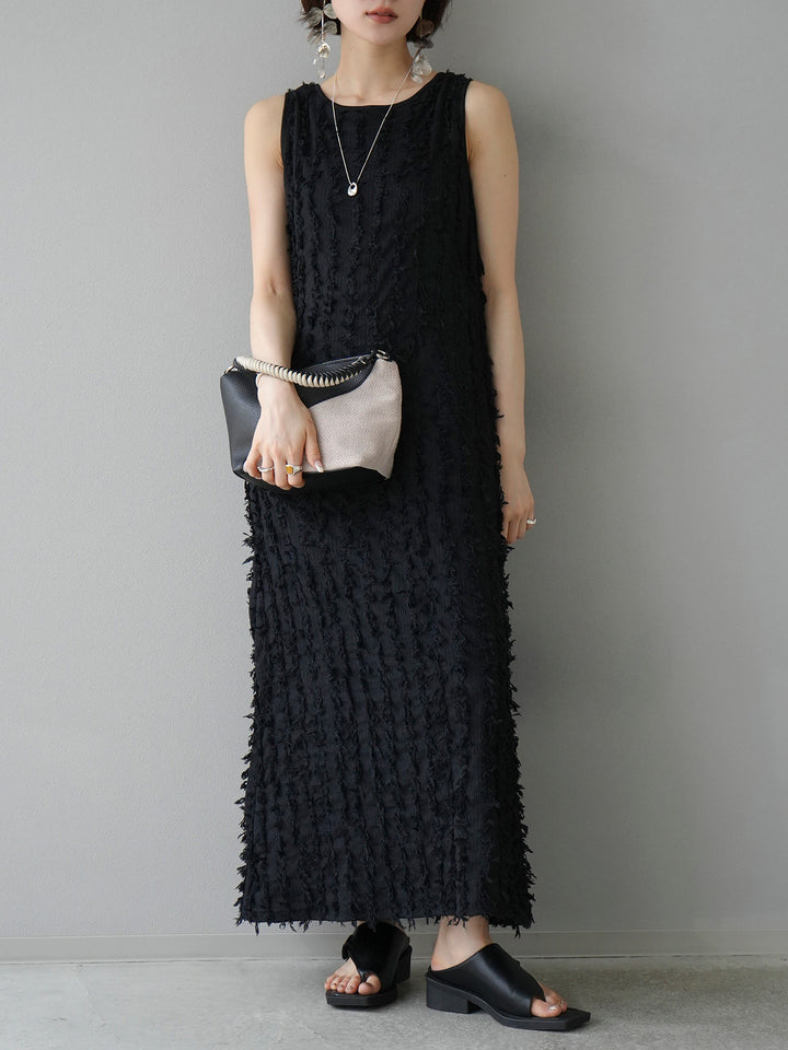 [Pre-order] Fringe Jacquard Stretch Sleeveless Dress/Black