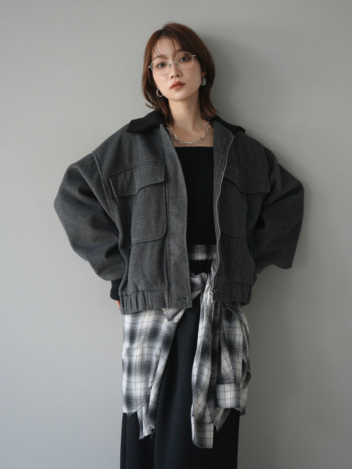 [予約]ウールタッチ襟リブステンカラーショートコート/charcoal