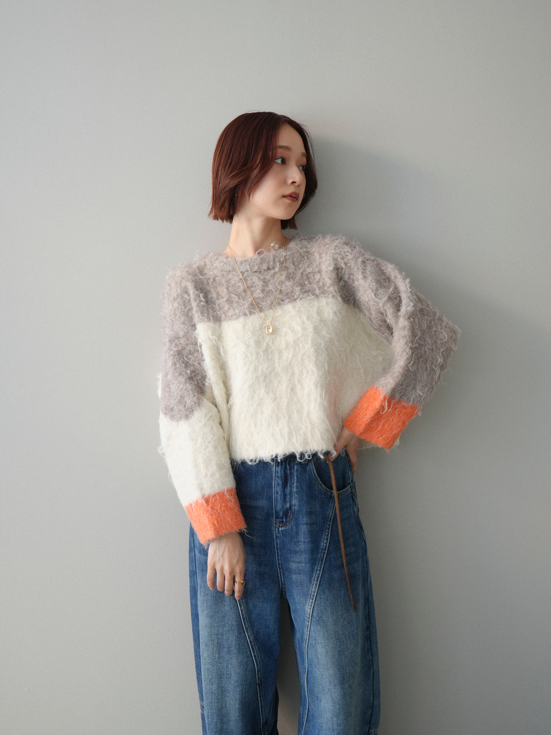 [SET]バイカラーモヘアタッチニットプルオーバー+裏起毛加工デニムカーブパンツ(2set)