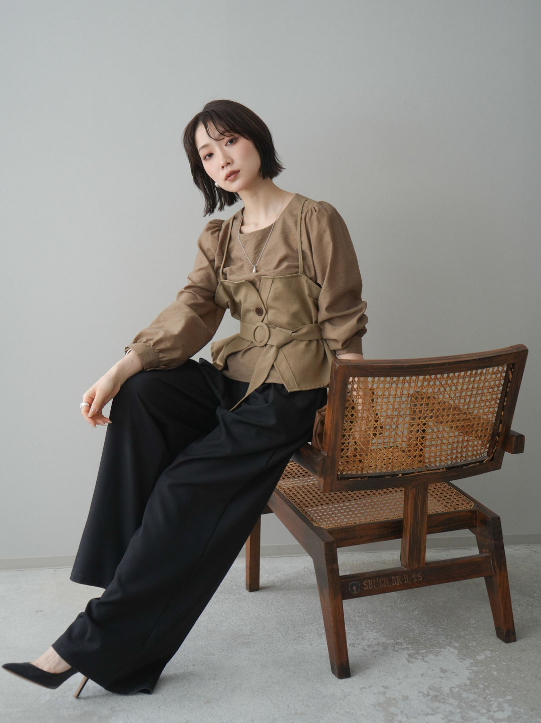 [SET]異素材ビスチェドッキングブラウス+異素材ビスチェドッキングブラウス(2set)