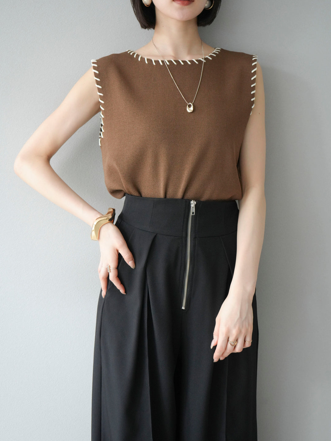 [予約]リネンタッチハンドステッチニットプルオーバー/モカ