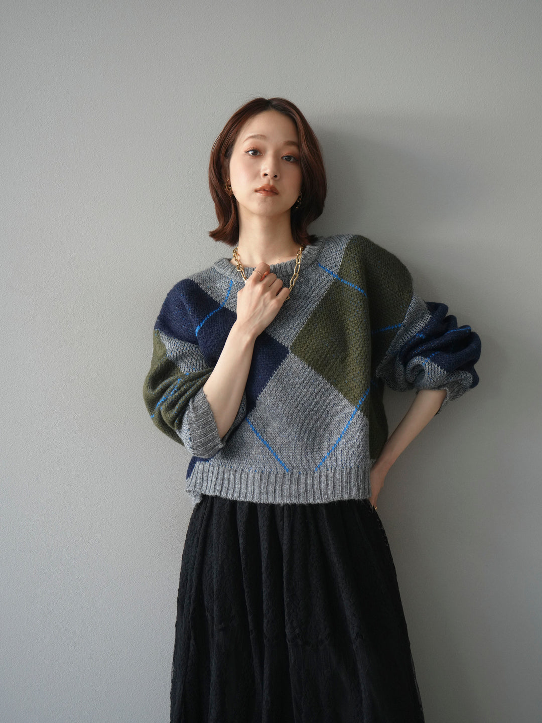 [SET]配色ステッチアーガイル柄ニットプルオーバー+ヴィンテージライクメッシュレーススカート(2set)