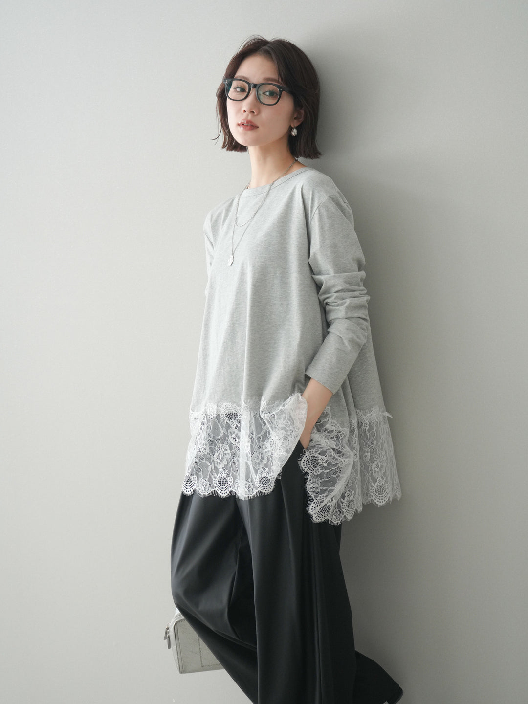 [SET]裾レースロングスリーブTシャツ+選べるアクセセット(2set)