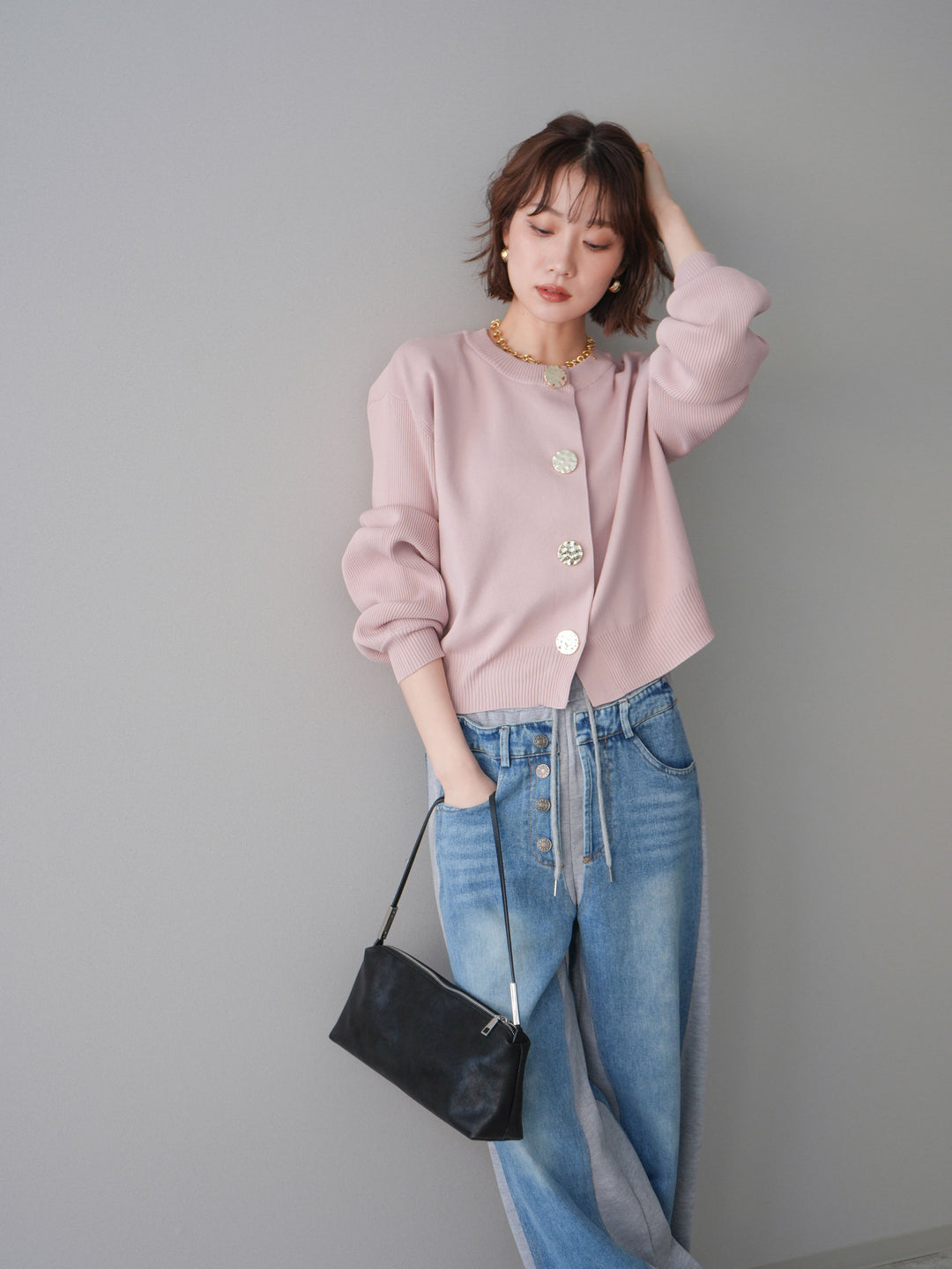 [SET]メタルボタンクルーネックニットカーディガン+選べるアクセセット(2set)