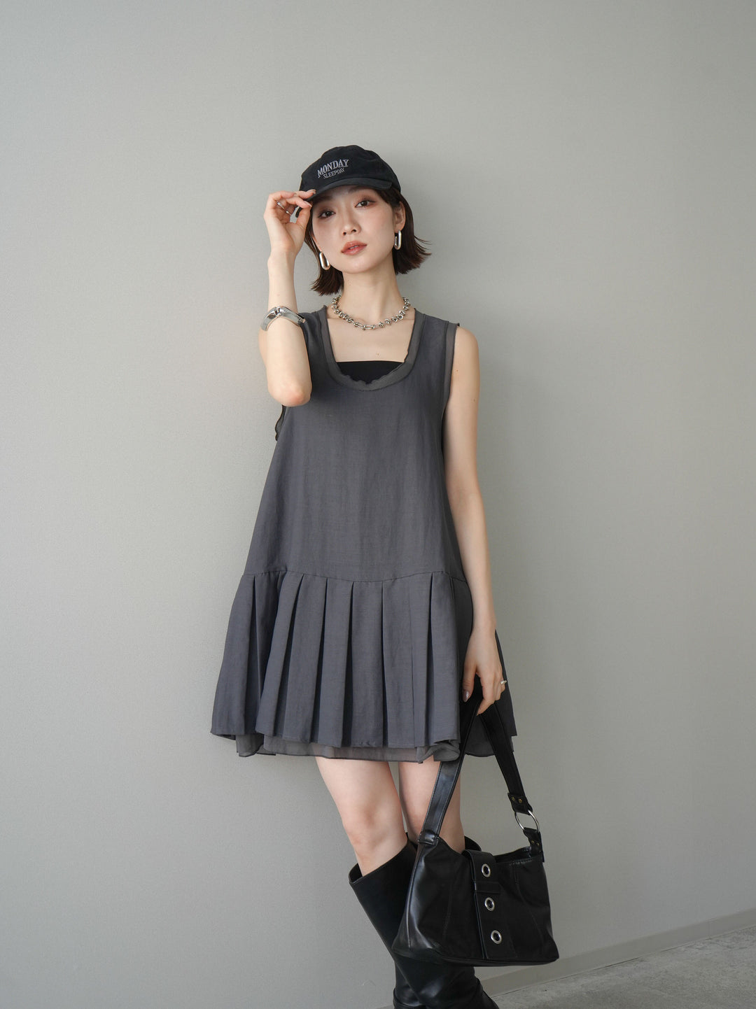 [予約]チュールドッキング裾プリーツミニワンピース/charcoal