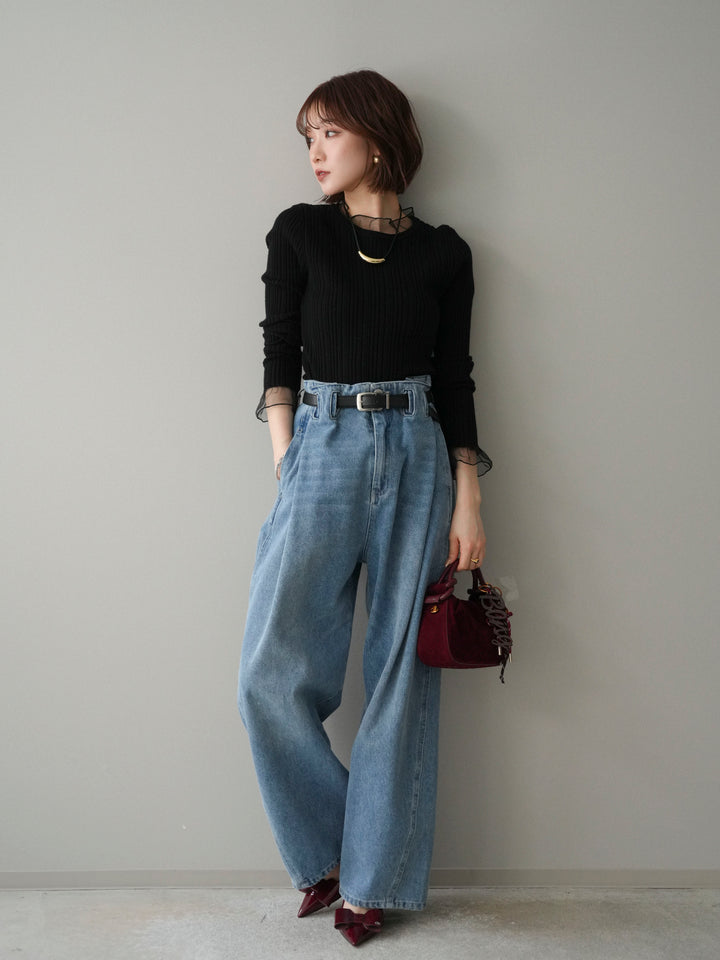 [SET]チュールドッキングリブニットトップス+ハイウエストベルトループデザインデニムパンツ(2set)