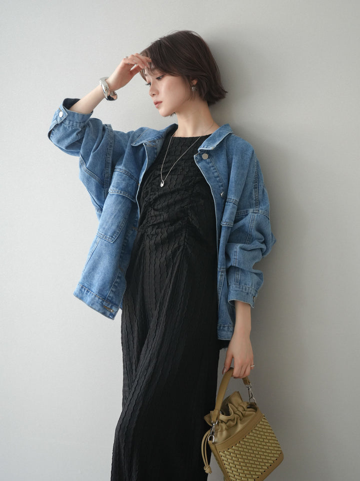 [SET]シャーリングジャガードノースリーブワンピース+ルーズシルエットデニムジャケット(2set)