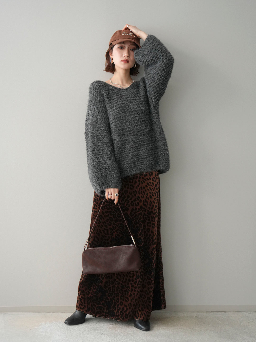 [SET]ワッフル編みシャギーニットプルオーバー+レオパードベロアナロースカート(2set)