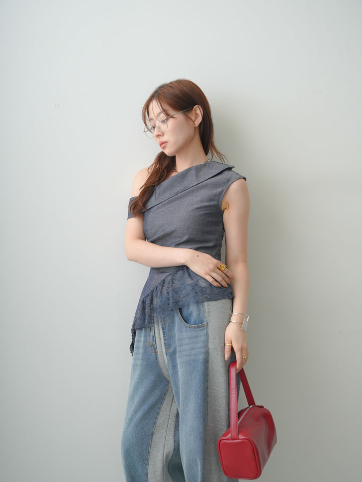 [SET]アシンメトリーラッフルレースヘムトップス+デニム切替スウェットパンツ(2set)