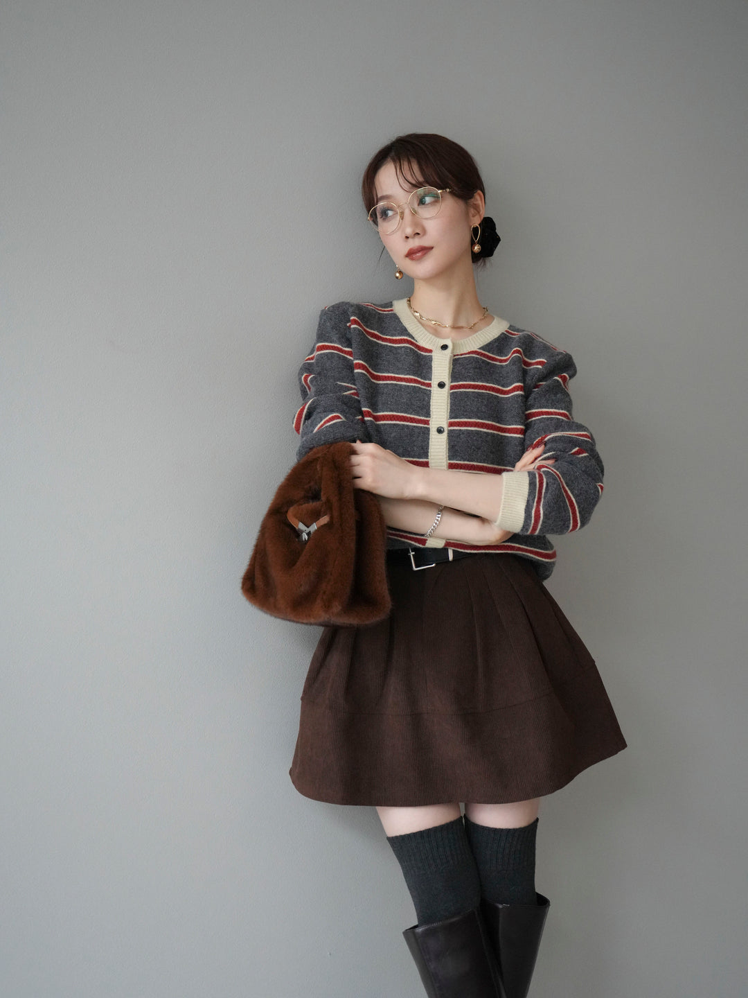 [予約]配色ボーダーニットカーディガン/gray