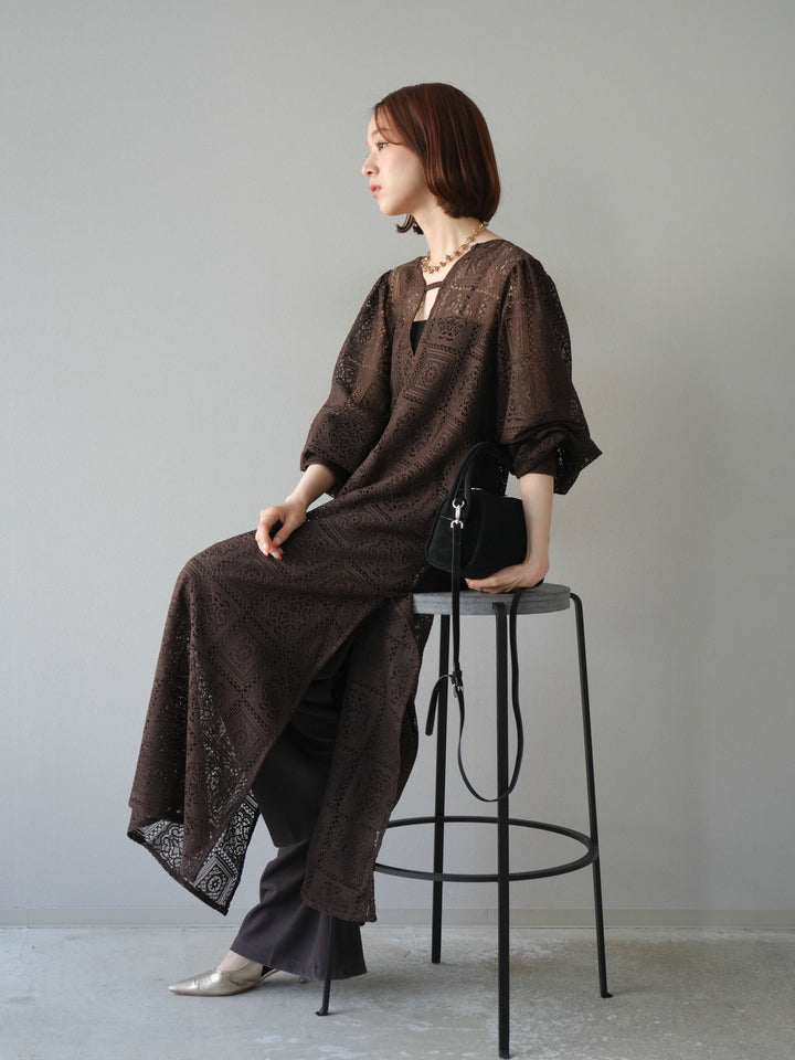 [予約]ブロックレースボリュームスリーブワンピース/ブラウン