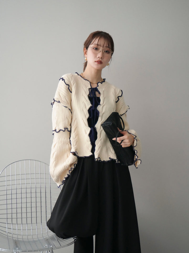 [SET]フロントリボン配色メローニットカーディガン+テープベルトタックバギーパンツ(2set)