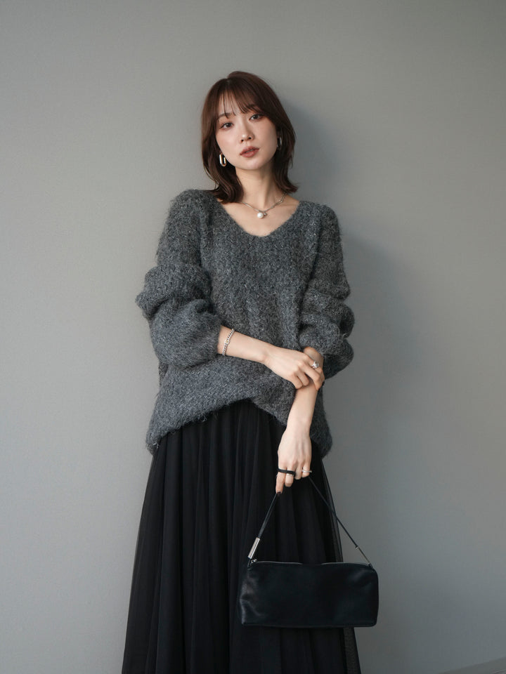 [SET]ウールタッチラメミックスヤーンVネックニットプルオーバー+チュールボリュームスカート(2set)