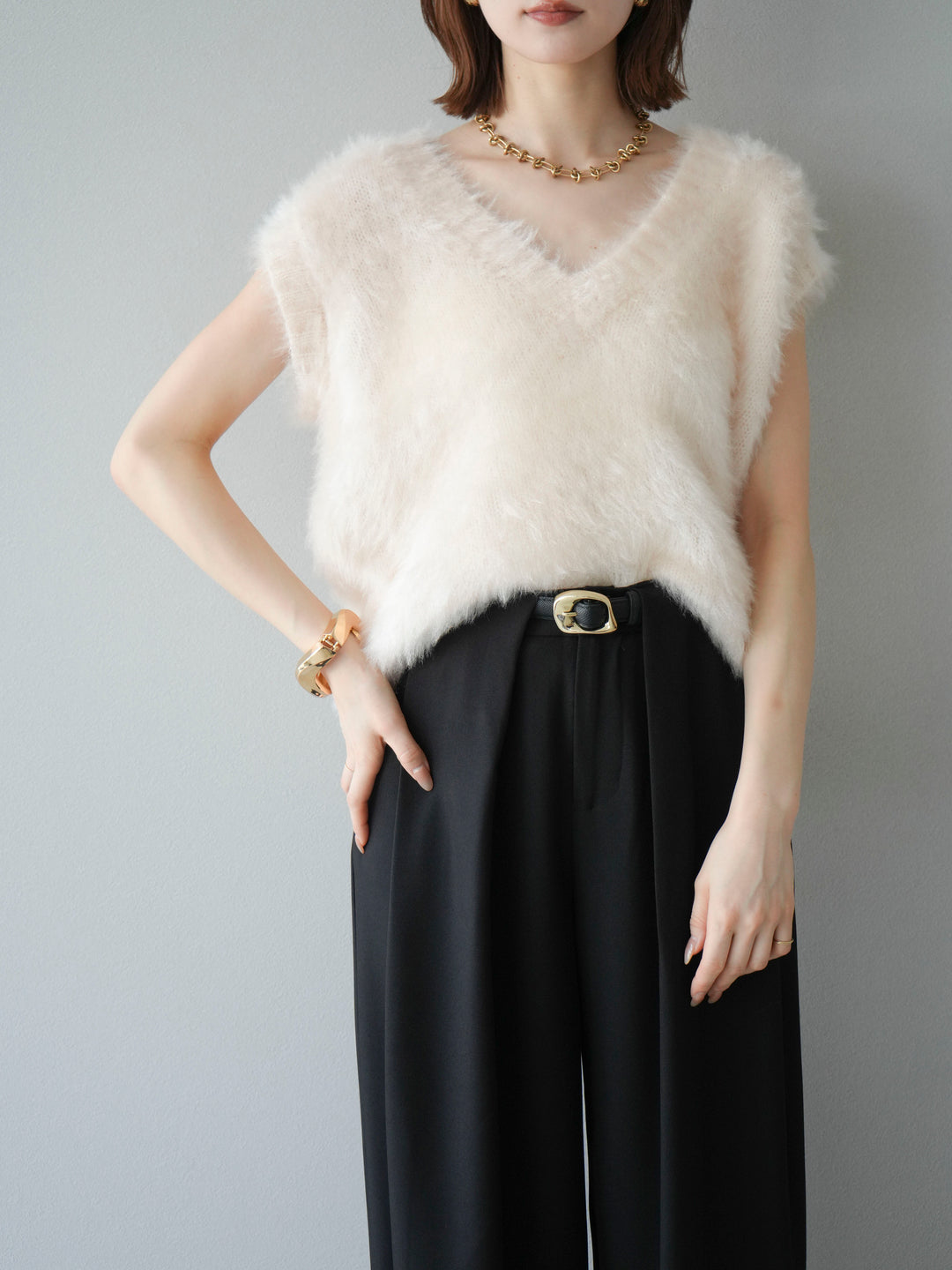 [SET]ラメシャギーVネックニットベスト+ベルトループデザインワイドパンツ(2set)