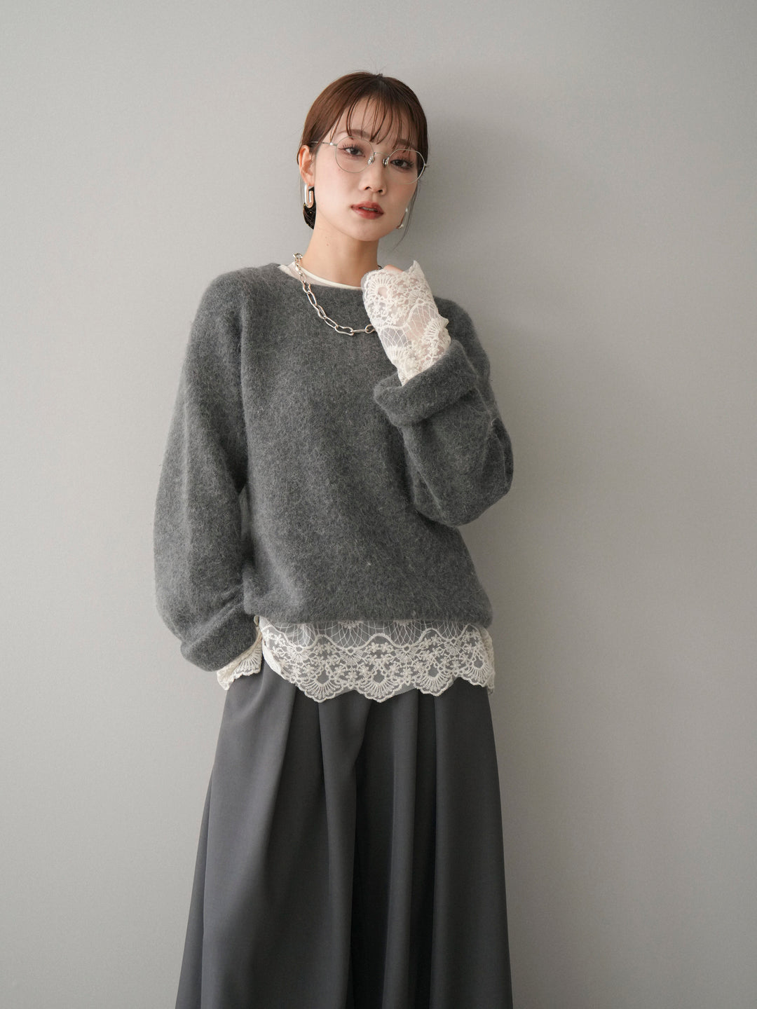 [SET]アンゴラタッチクルーネックニットプルオーバー+チュールレーストップス(2set)