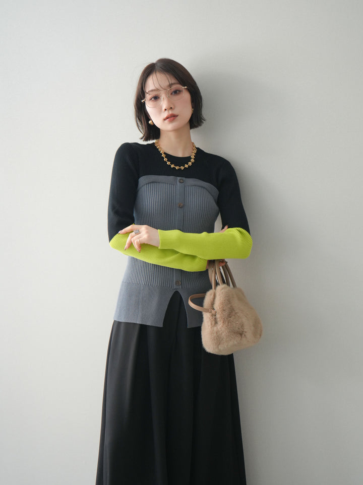 [SET]配色ビスチェドッキングリブニットトップス+選べるアクセセット(2set)