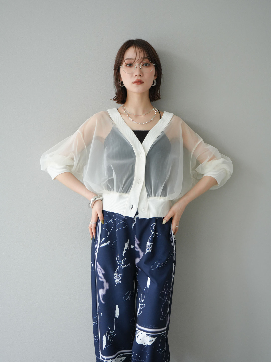 [SET] 透視半袖褶皺開襟衫 + 彩繪圖案褶襉褲 (2set)