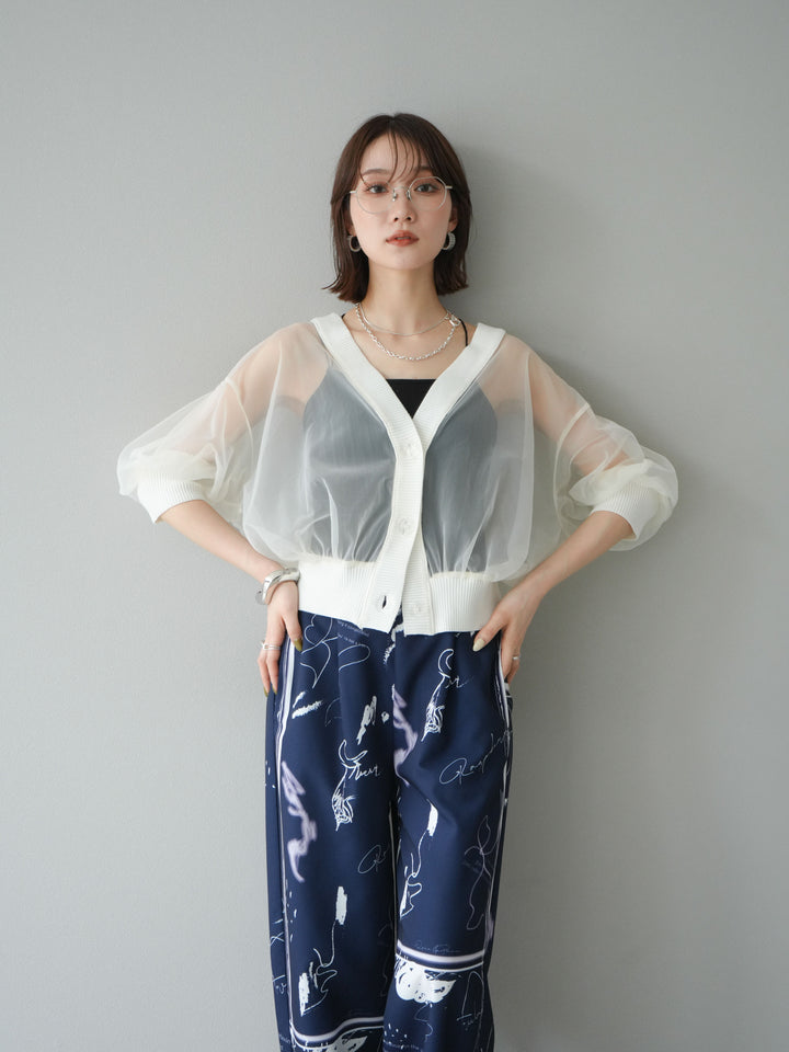 [SET] 透視半袖褶皺開襟衫 + 彩繪圖案褶襉褲 (2set)