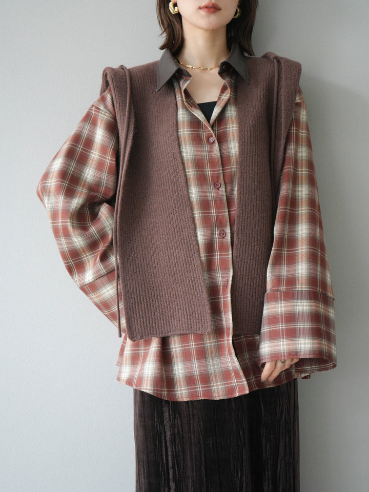 【着回しセット】[SET]レザー襟オンブレチェックオーバーシャツ +クラッシュベロアナロースカート+ツイードハーフパンツ(3set)