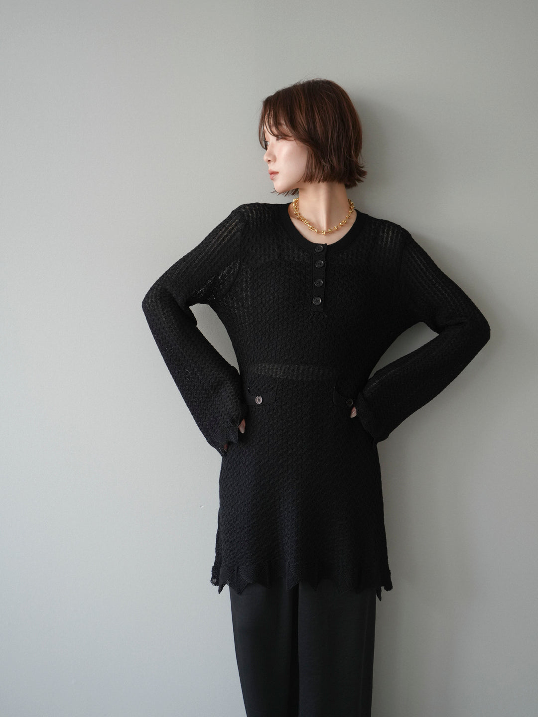 [予約]ヘンリーネックニットチュニック/black