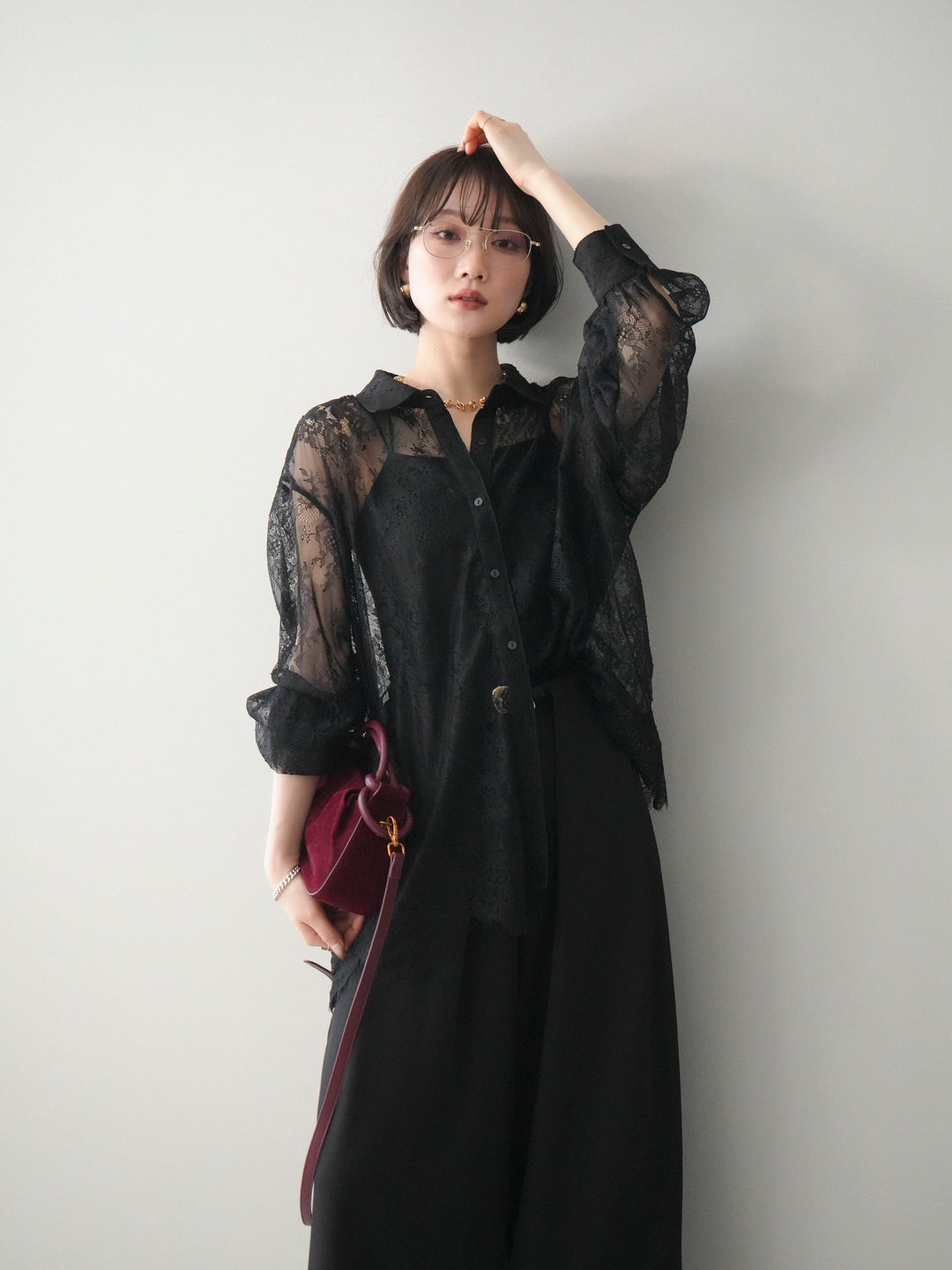 [SET]総レースボリュームスリーブシャツ+選べるアクセセット(2set)