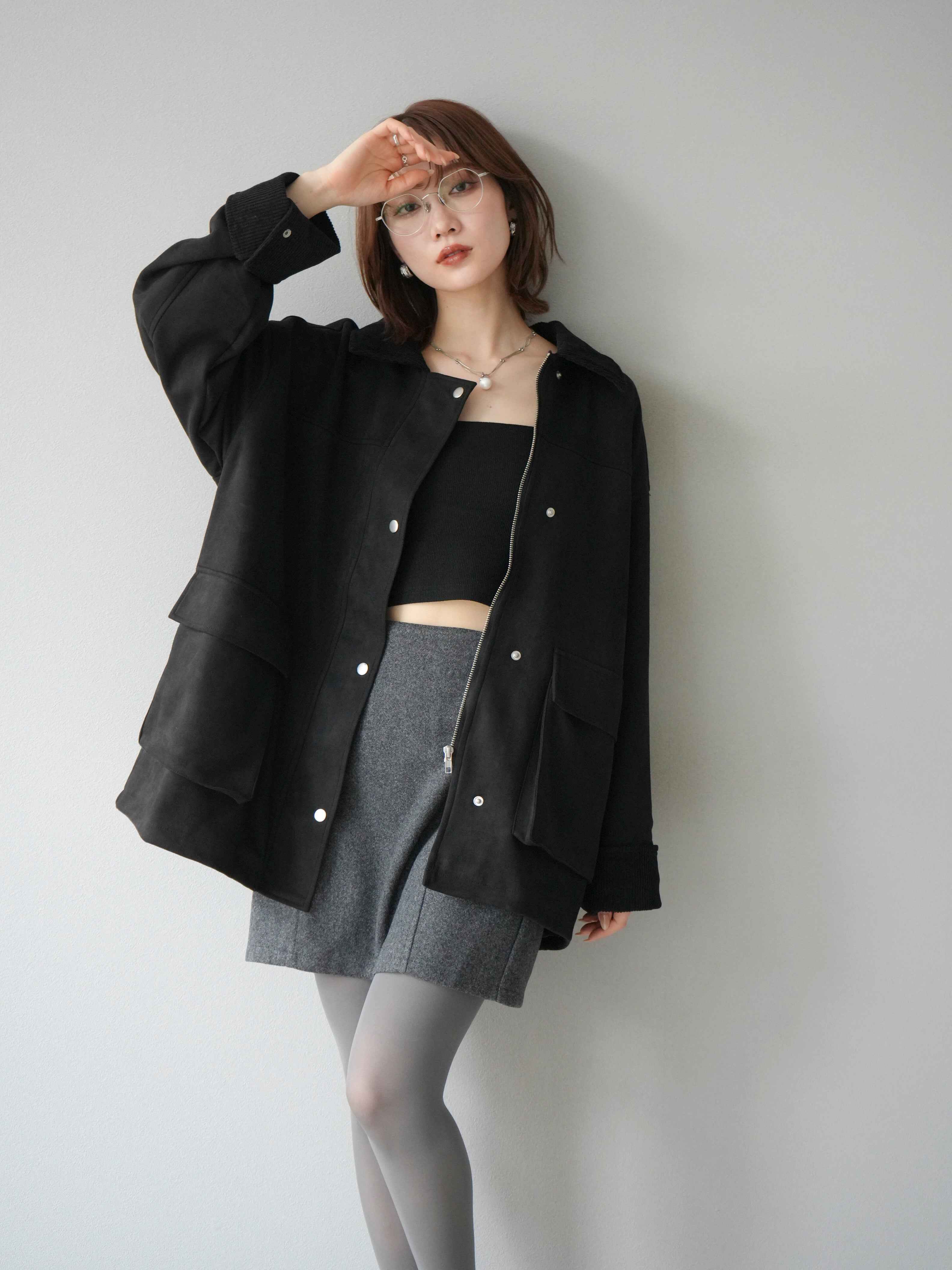 予約]コーデュロイ襟スウェードミドルジャケット /ブラック – Lumier