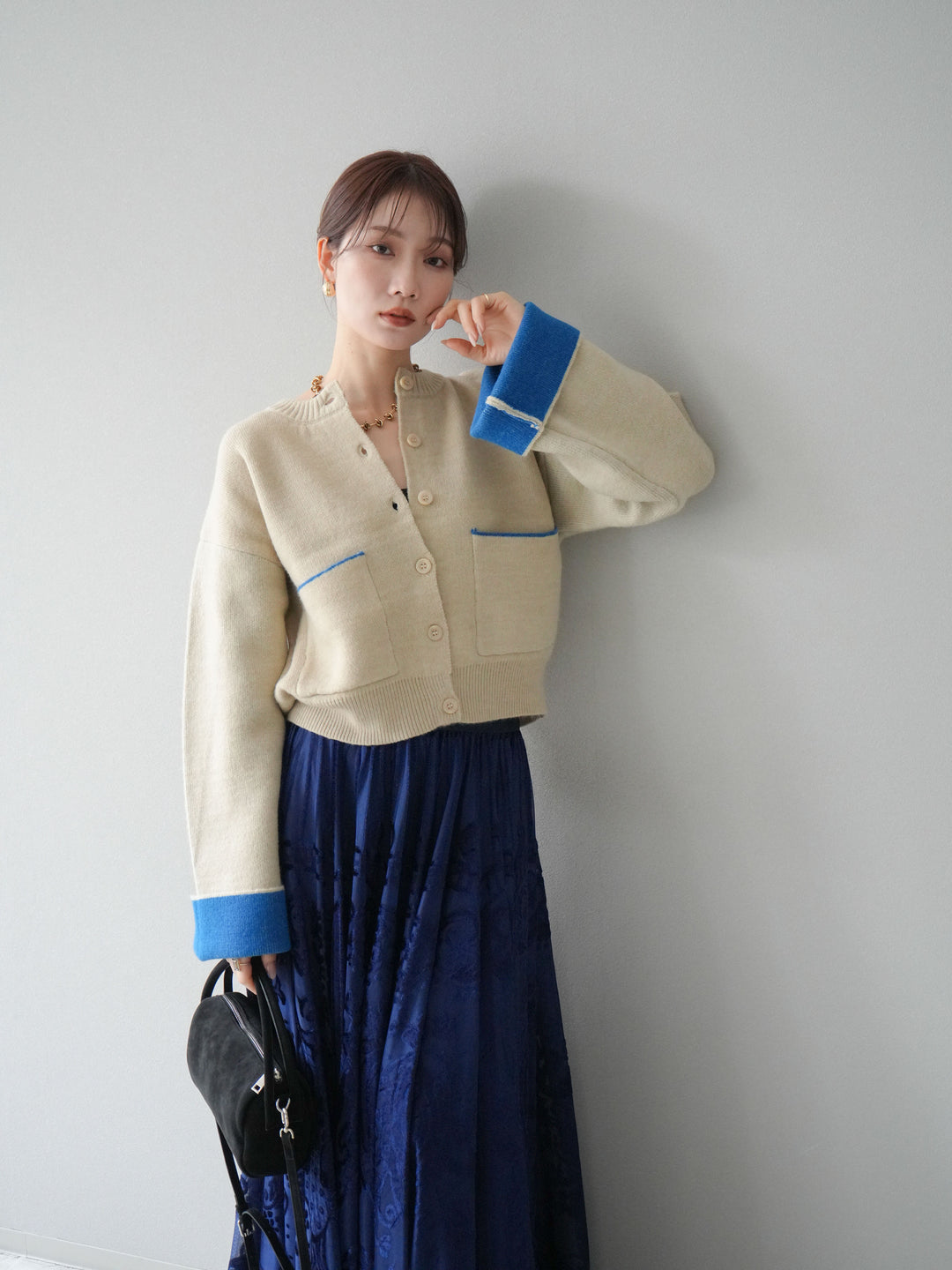 [SET]バイカラーオーバーニットカーディガン+アンティーク柄フロッキーマキシスカート(2set)