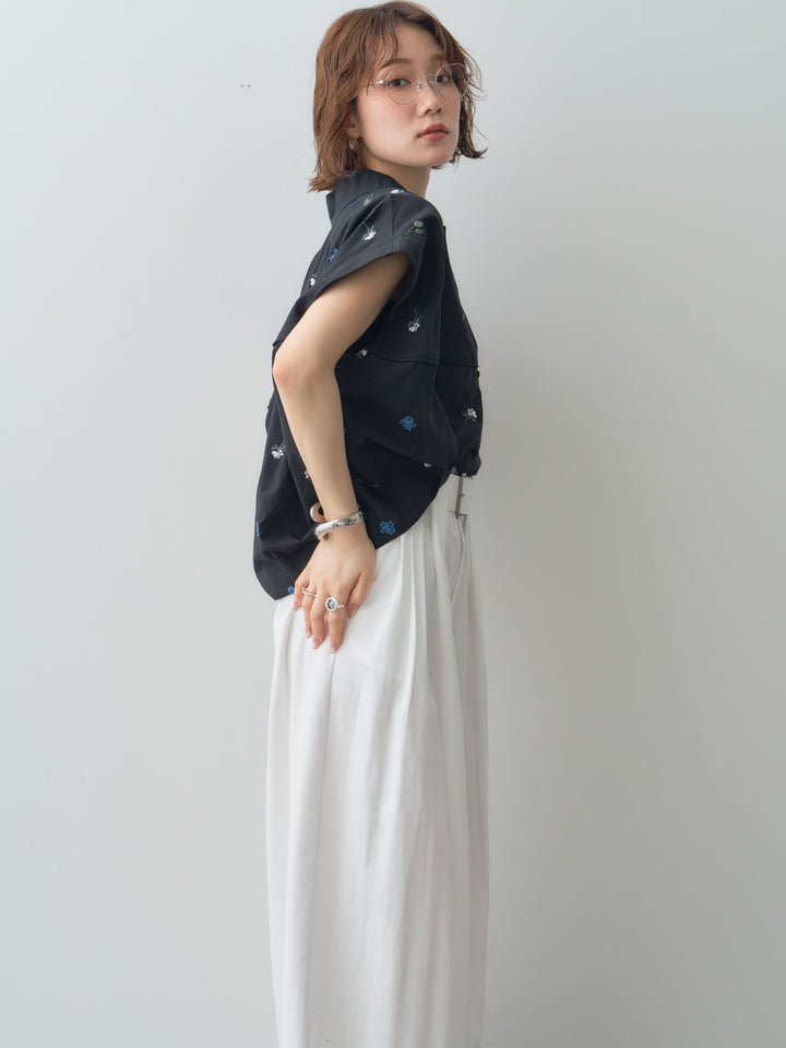 【套裝】花卉刺繡燈籠無袖襯衫+腰帶設計環扣闊腿褲（兩件套）