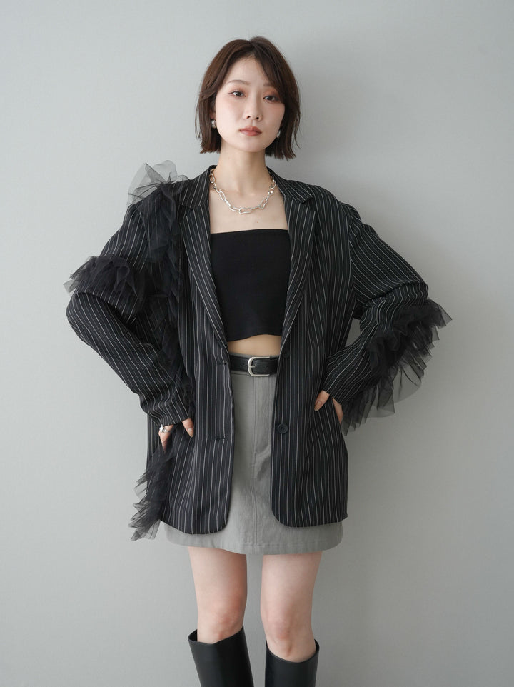 [予約]アシンメトリーチュールストライプジャケット/black
