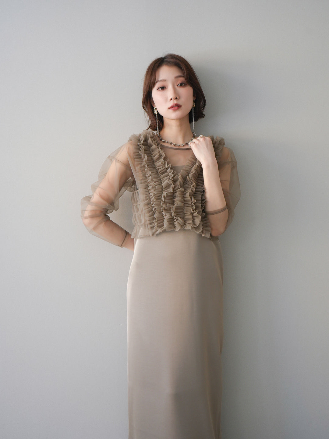 [予約]チュールフリルアンサンブルキャミソールドレス 3点SET/beige