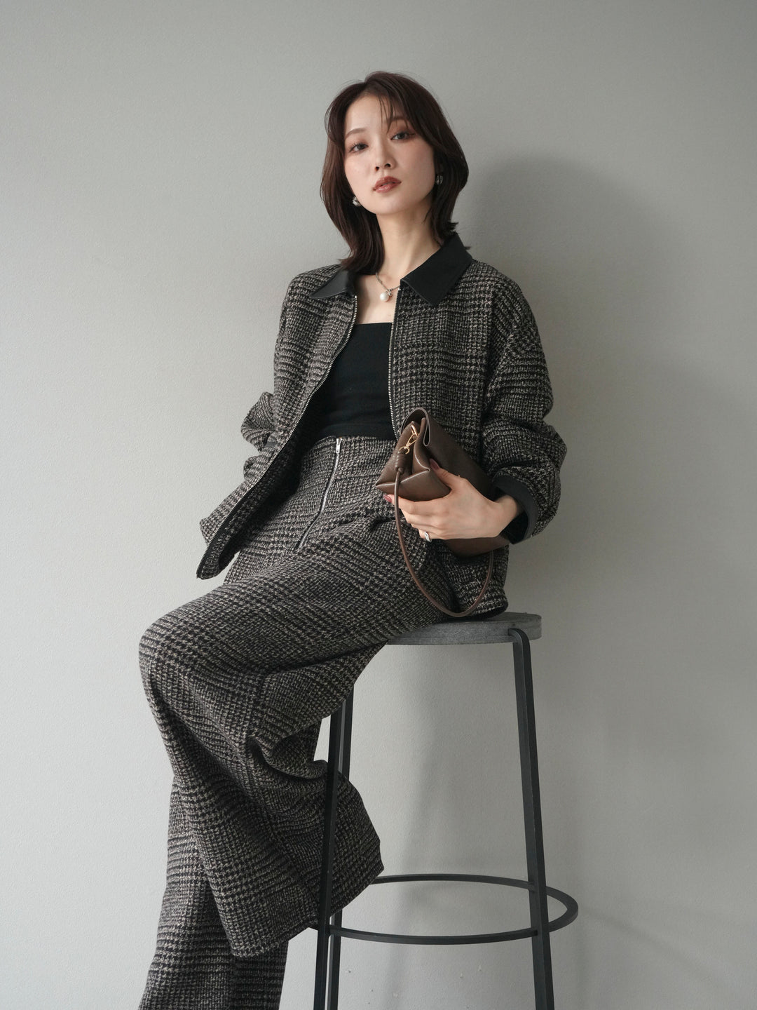 [予約]レザー襟ミックスツイードジャケット/brown