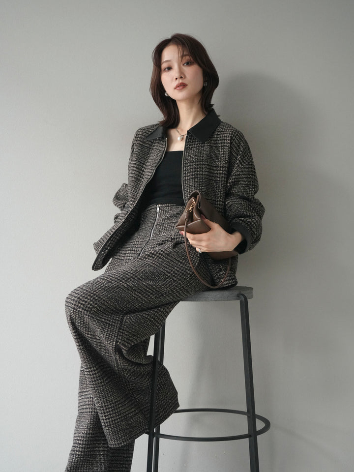 [予約]レザー襟ミックスツイードジャケット/brown