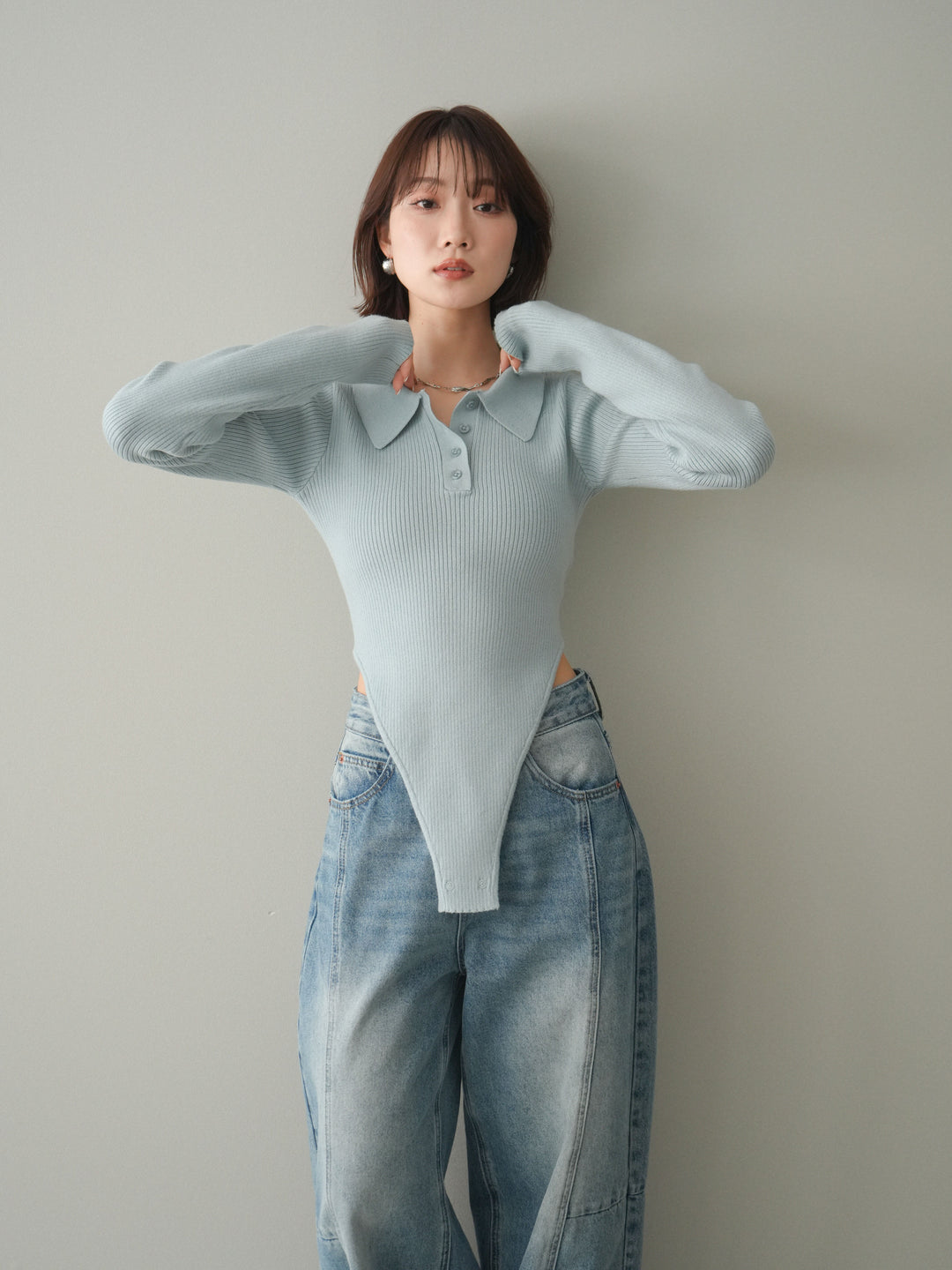 [予約]リブポロニットボディスーツ/blue