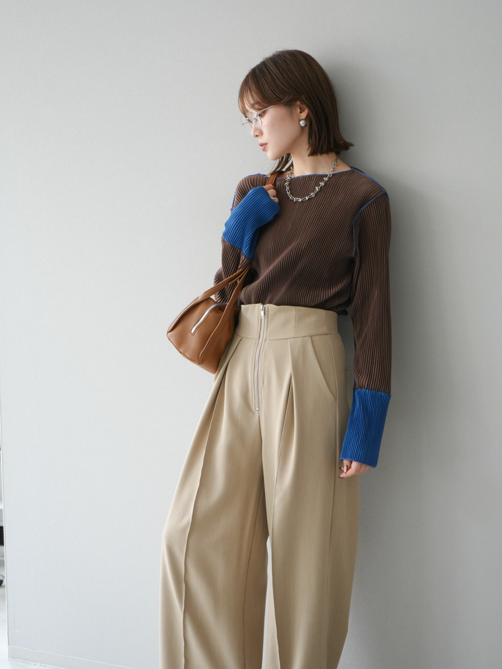 [予約]バイカラープリーツトップス/ブラウン