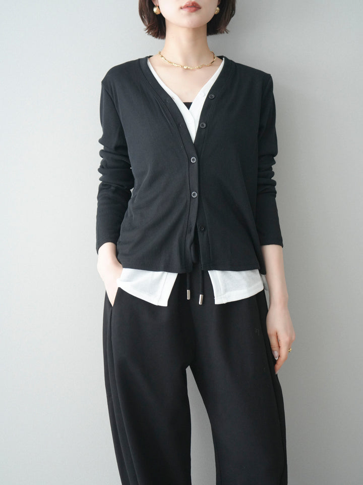 [予約]配色レイヤードカットリブカーディガン/black