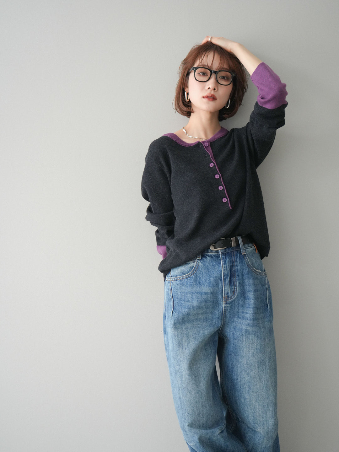 [SET]ヘンリーネック配色ニットソー+選べるアクセセット(2set)