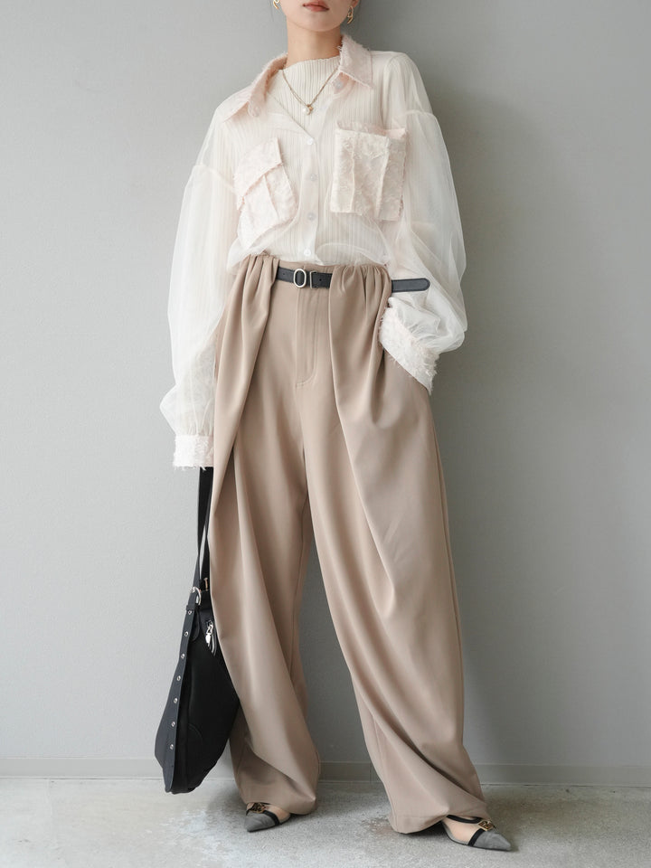 [予約]フリンジジャガード×チュールレイヤードシャツ/アイボリー