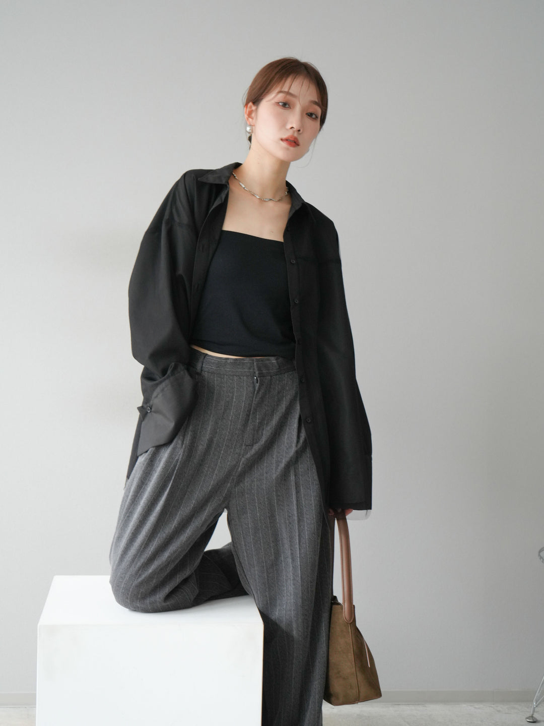 [予約]サイドラインストライプワイドパンツ/チャコール