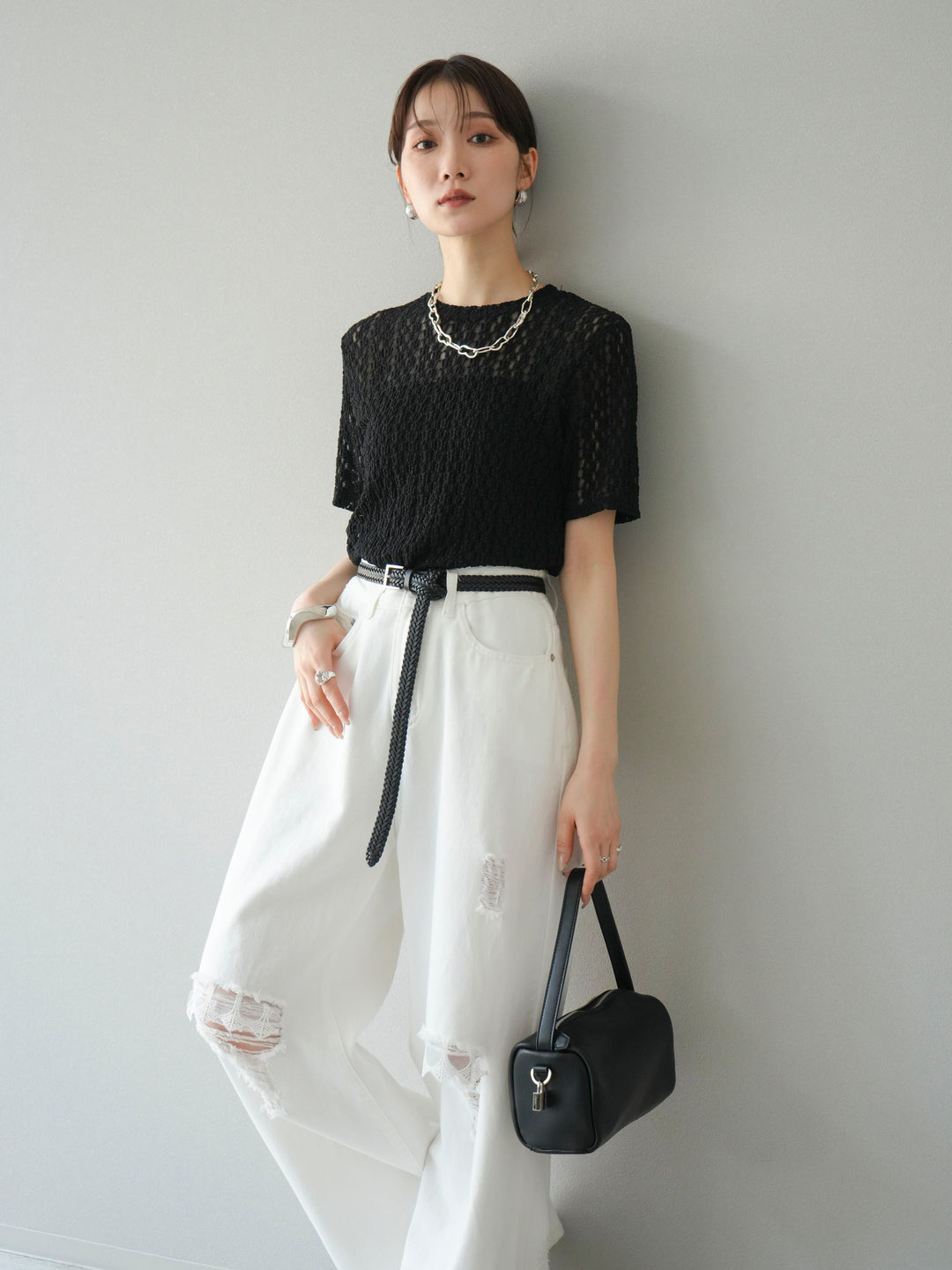 【預購】剪裁蕾絲T卹/黑色