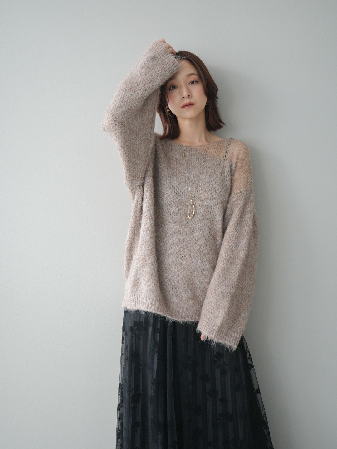 [SET]透かしデザインニットプルオーバー+フラワーフロッキーチュールプリーツスカート(2set)