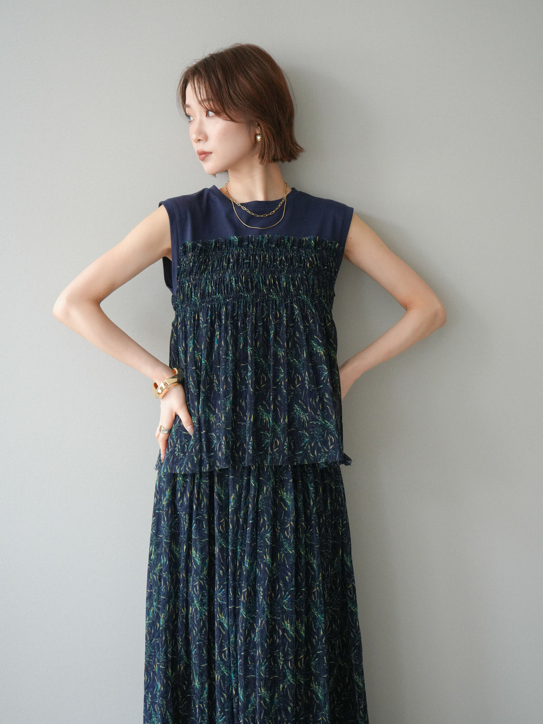 [予約]チュールプリントノースリーブトップス/navy