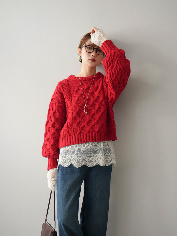 [予約]バルキーケーブルクロップドニットプルオーバー/red