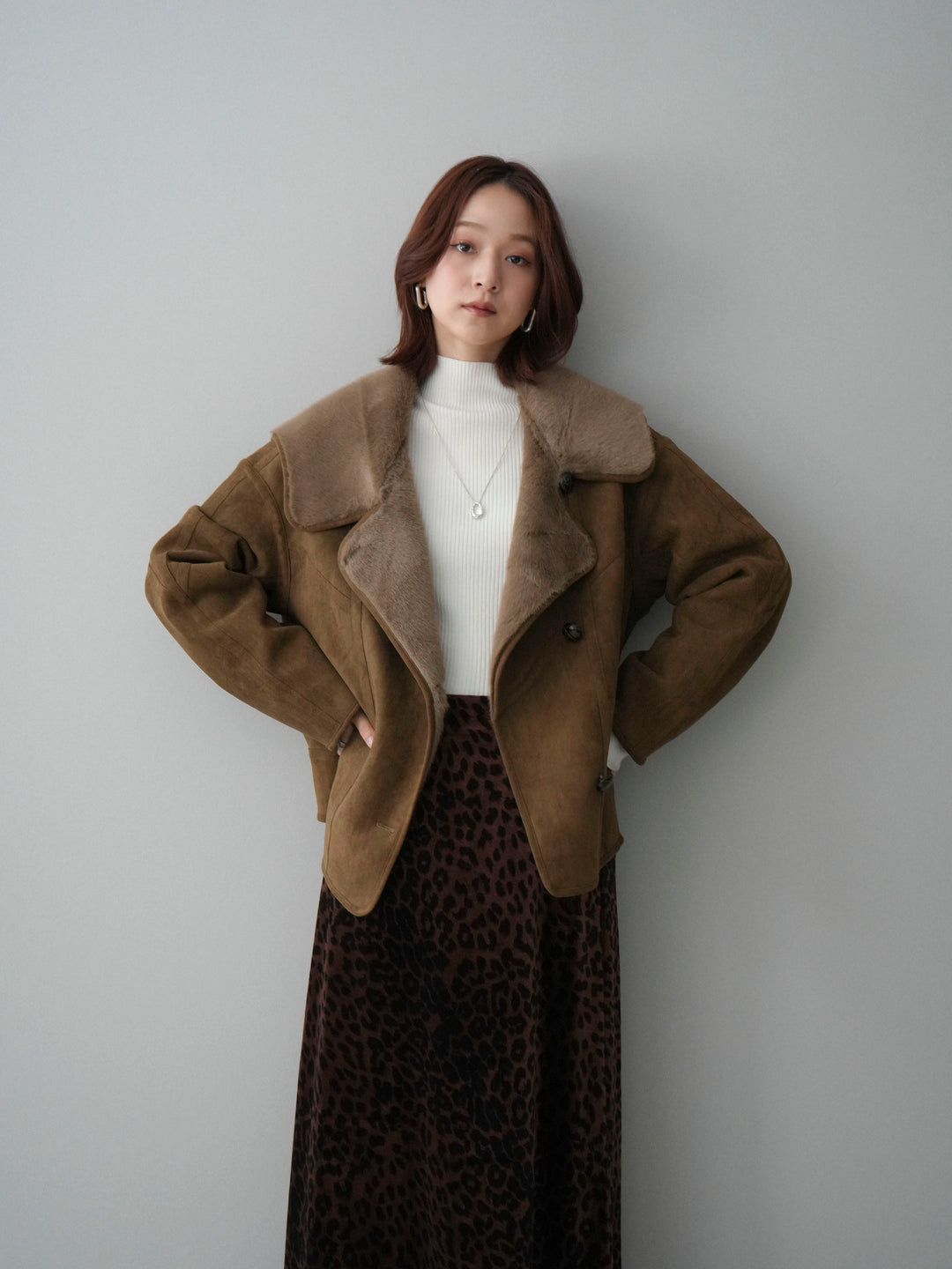 [SET]ムートンショートジャケット+レオパードベロアナロースカート(2set)