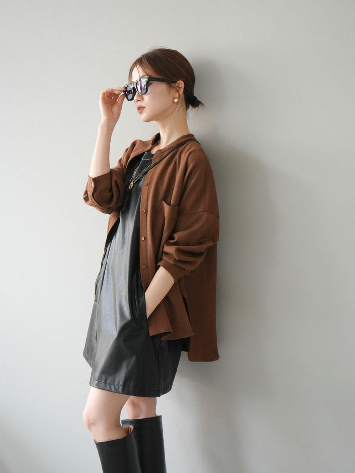 [SET] 麂皮立領外套襯衫 + 附單肩包皮革迷你連身裙（2 套）