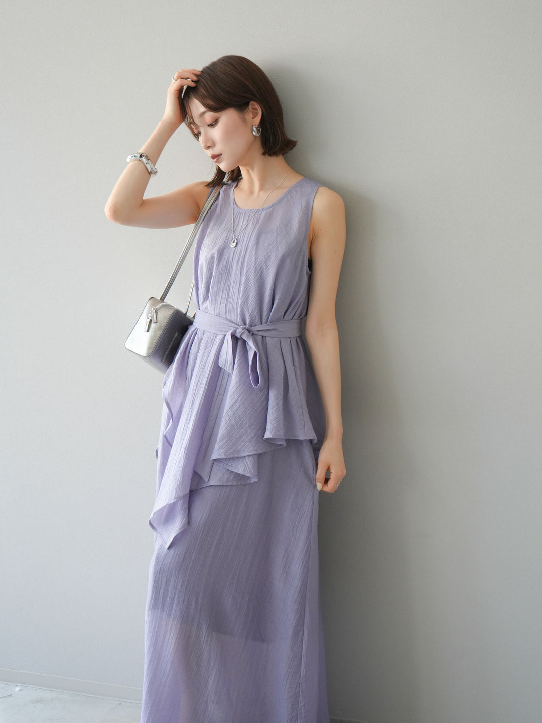 [SET]ワッシャーシアーアシメブラウス＆キャミワンピース+選べるアクセセット(2set)