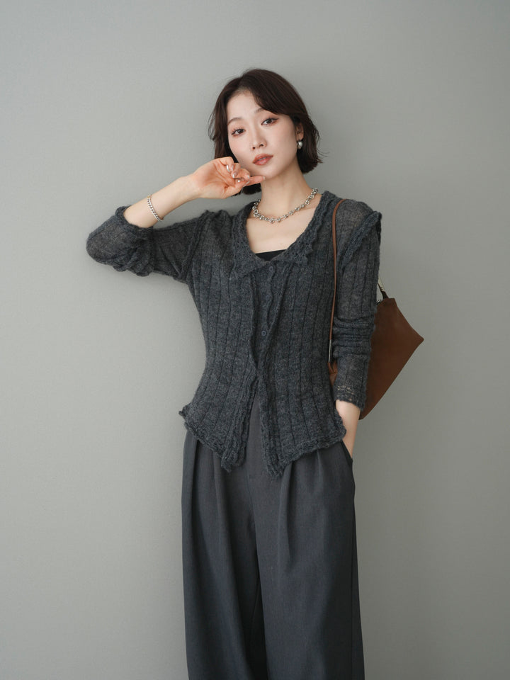 [予約]透かし襟モヘアタッチニットカーディガン/charcoal
