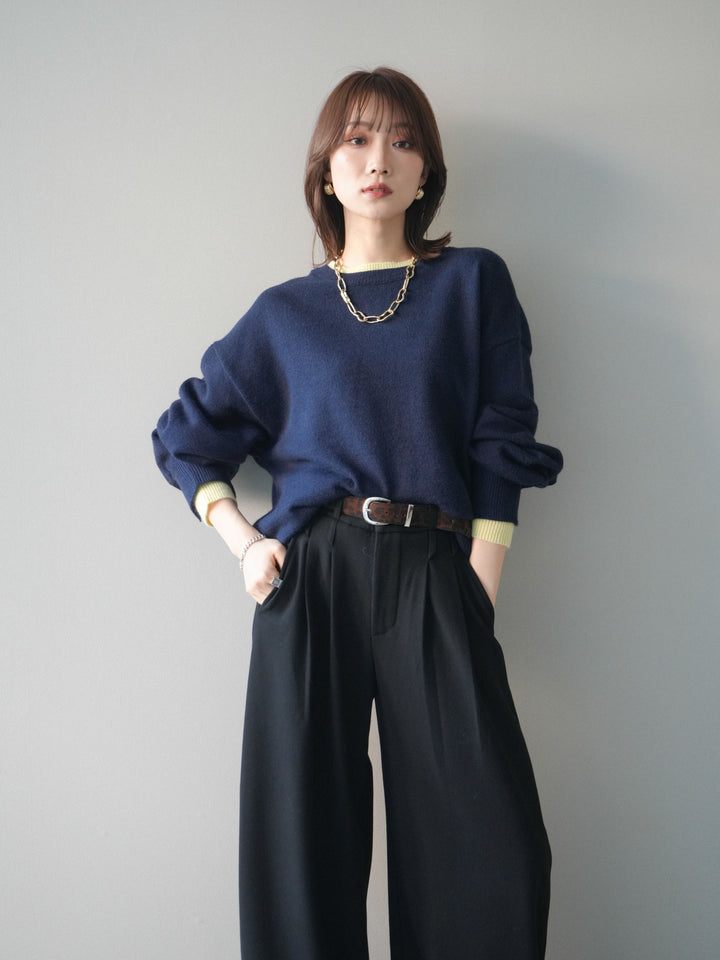 [予約]ヘンリーネック配色レイヤードニットプルオーバー/navy