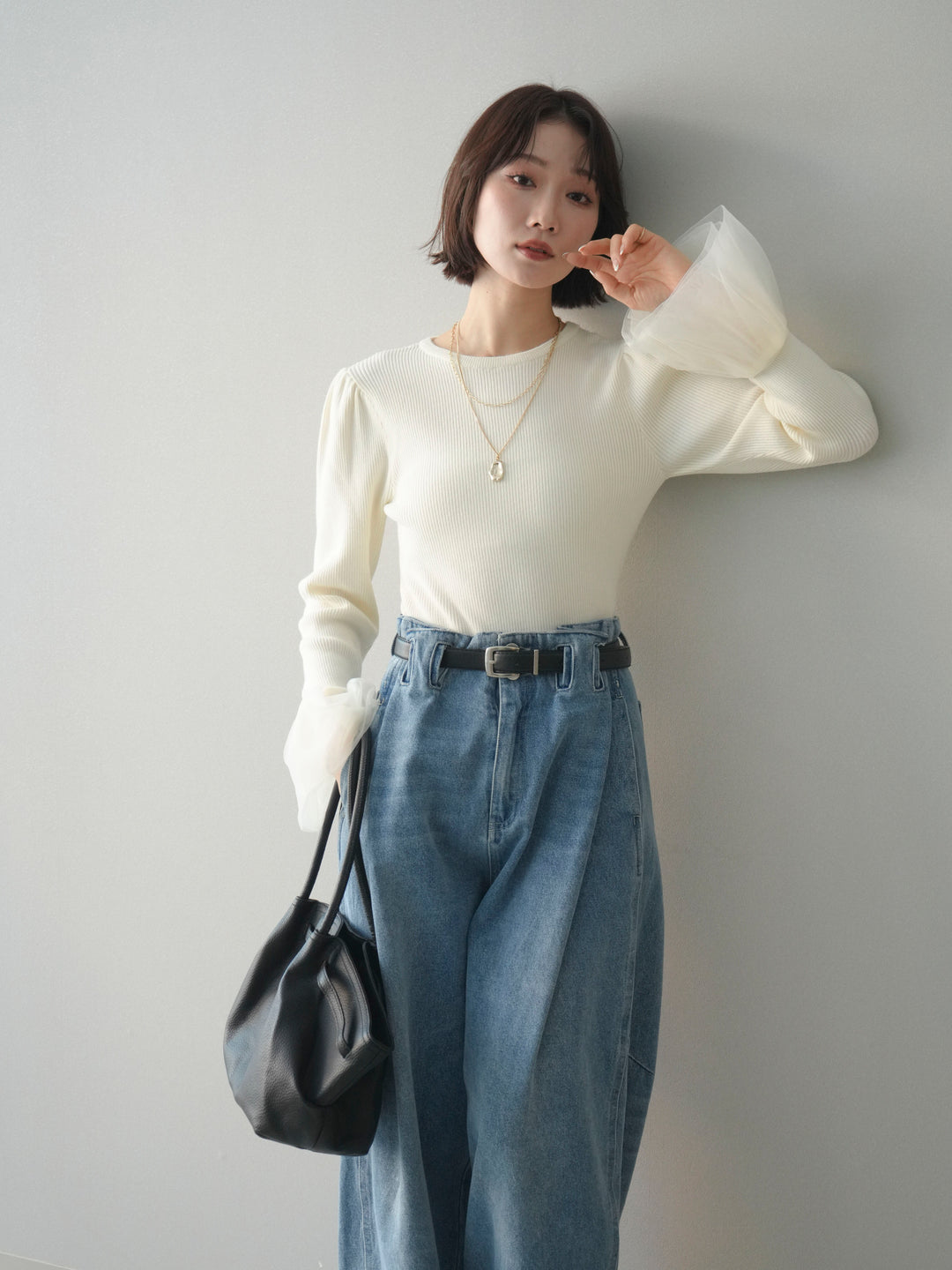 [SET]袖チュールパワショルリブニットトップス+袖チュールパワショルリブニットトップス(2set)