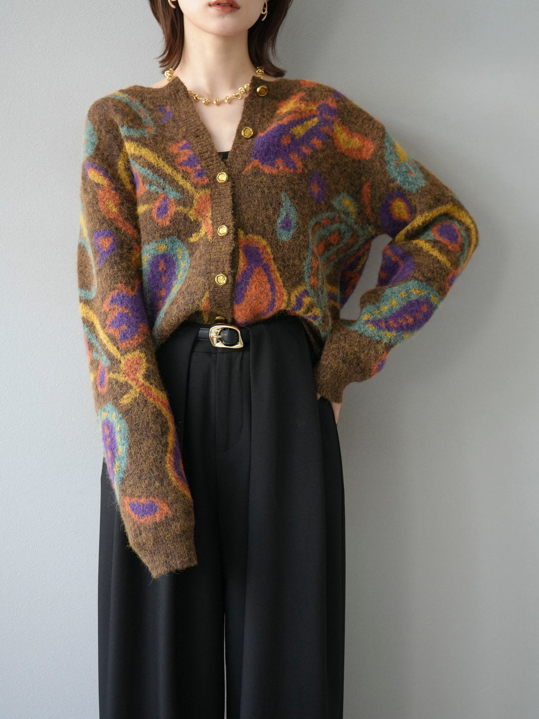 【着回しセット】[SET]求心柄クロップドニットカーディガン+ミックスヤーンペイズリー柄ニットカーディガン+ベルトループデザインワイドパンツ(3set)